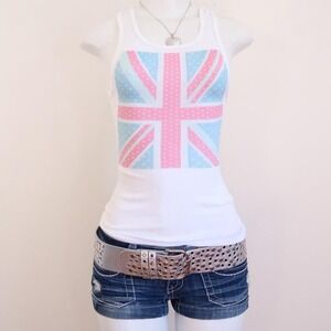 y2k blue pink polka dot union jack tank white ribbed top